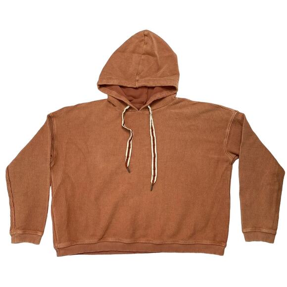 AERIE AE Ribbed Crop Hoodie in Buff Orange Size Medium Womens Relaxed Drawstring - Picture 4 of 10